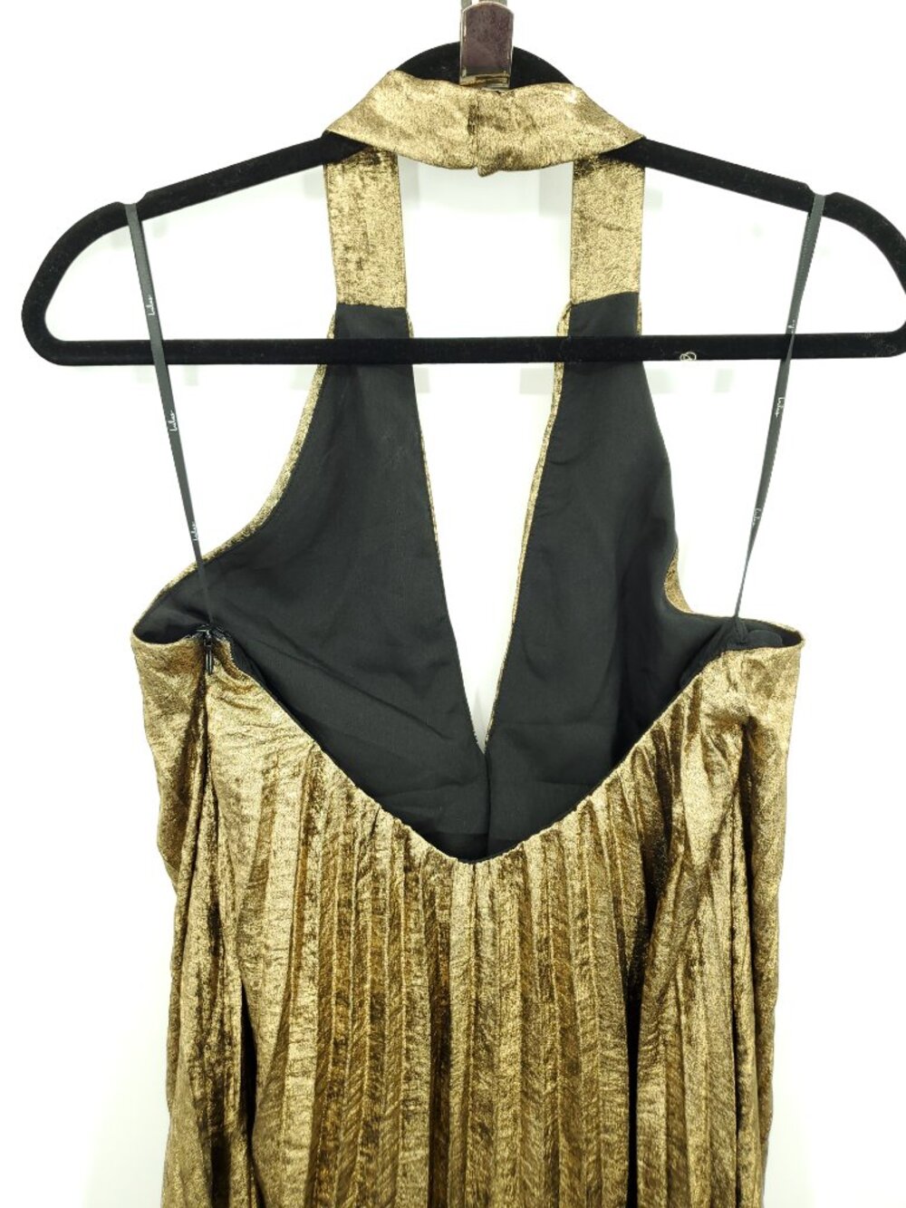 Lulus Gelsey Gold Lurex Pleated Halter Shift Maxi Dress L - Picture 11 of 16